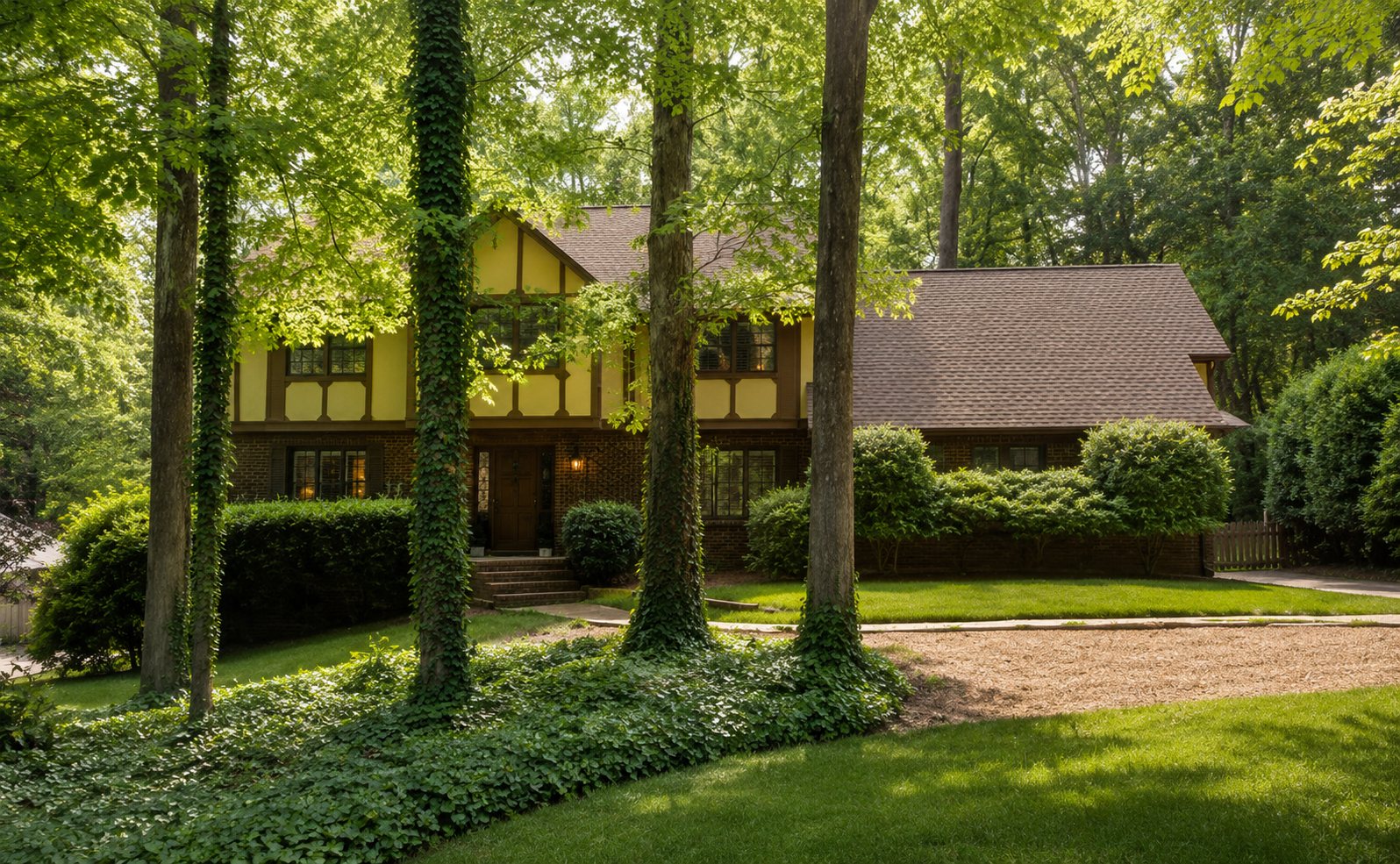 A wooded traditional home ahead of an estate sale