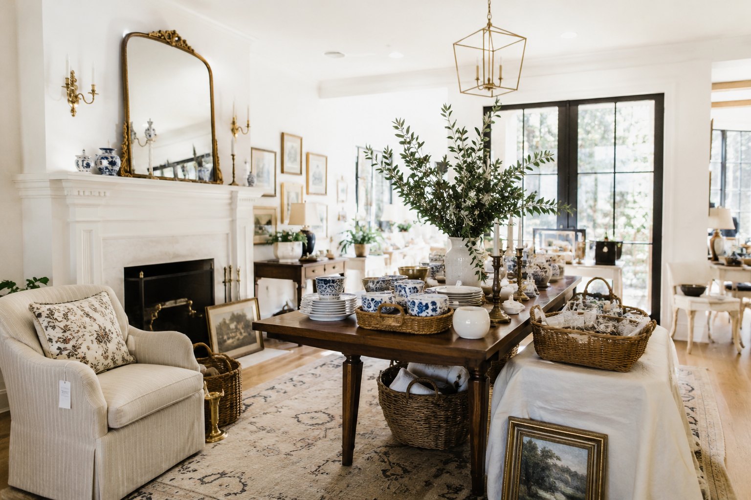 A bright living room styled for a Prosper & Co. estate sale, with blue-and-white porcelain on a farmhouse table