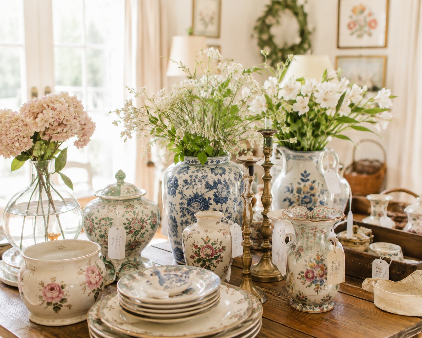 Blue-and-white and floral porcelain staged with fresh flowers